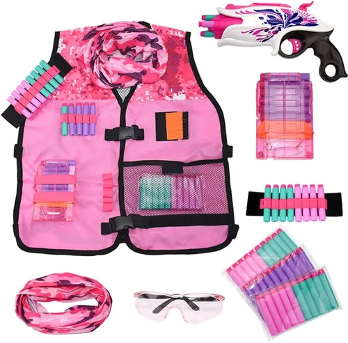 Set de chaleco táctico rosa para niñas con pistola para Nerf Rebelle y N-Strike Elite Series con 30 dardos de recarga, clip de recarga rápida,