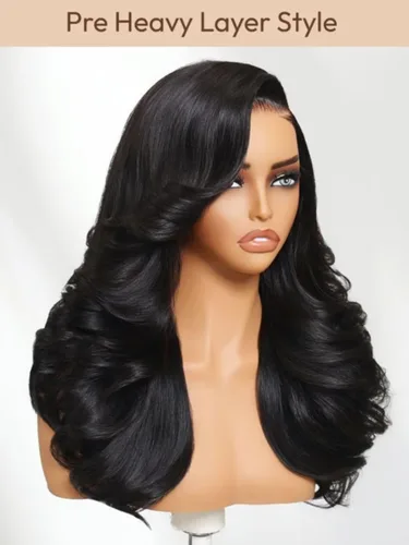 Vista 4 de UNICE Bye Bye Slip Peluca de Capas Emplumadas con Raya Lateral de Cabello Humano Sin Pegamento con Tiras de Silicona Seguras y Cordón Densidad 200%