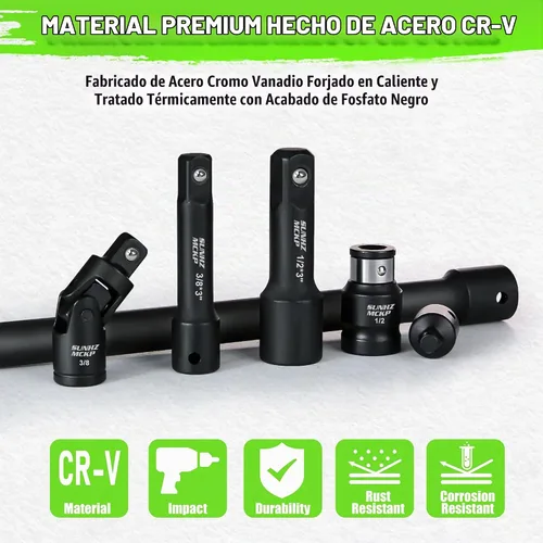 Vista 3 de Juego de extensión de enchufe de impacto de 18 piezas, barras de extensión de enchufe de 1/4 de pulgada, 3/8 pulgadas y 1/2 pulgadas, incluye juego