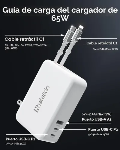 Vista 4 de 65W para cargador MacBook Pro, enchufe de pared retráctil de 5 en 1 para iPhone 17, cable PD USB C y Lightning de 1.2 m y 3 puertos, bloque de carga