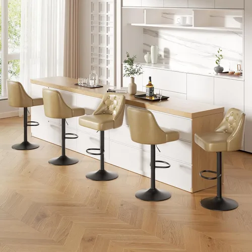 Vista 14 de Juego de 2 taburetes de bar, taburete de bar ajustable con respaldo, sillas de bar tapizadas de piel sintética, taburetes de bar giratorios modernos