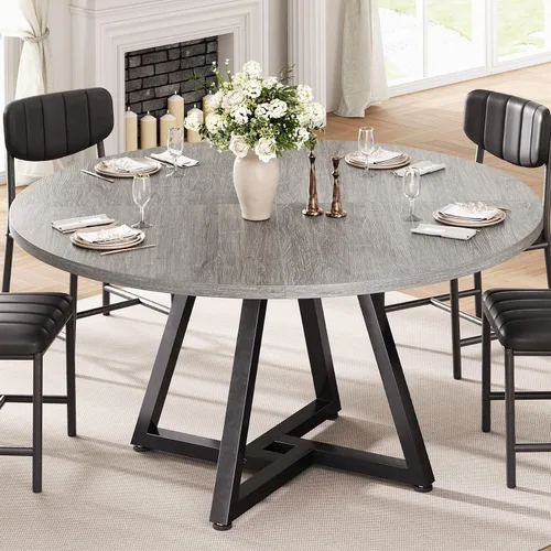 Vista 5 de Jocoevol Mesa redonda de comedor de 51 pulgadas, mesa de pedestal con estante de almacenamiento, mueble industrial circular de madera que ahorra