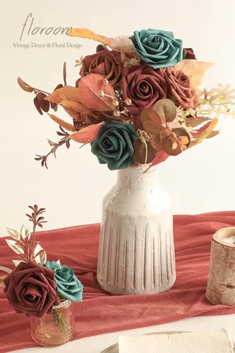 Vista 3 de Floroom Flores artificiales, 25 piezas de rosas falsas de espuma de color verde azulado de aspecto real con tallos para bricolaje, ramos de boda