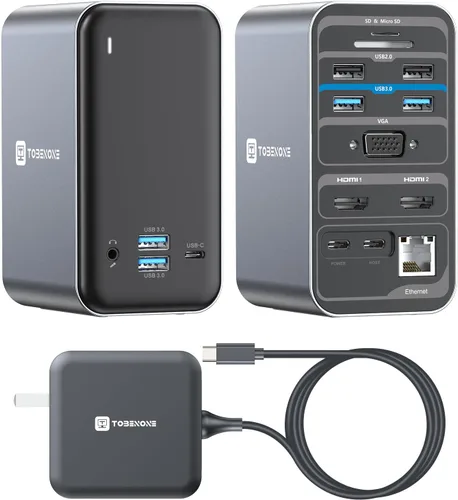 TobenONE Estación de acoplamiento USB C con cargador GaN de 100 W, estación de acoplamiento HDMI dual para laptop con 7 USB, SD/TF, Ethernet y