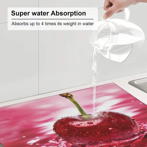 Vista 5 de Tapete de secado de platos con diseño de cerezas rojas para cocina, ultra absorbente, tapete escurridor de microfibra, tapete de café grande
