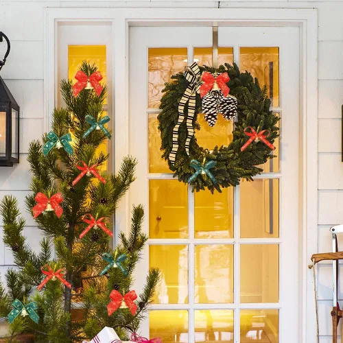 Vista 7 de 40 lazos de Navidad con campanas, 4 estilos, rojo, verde, dorado, poliéster, tradicional, forma de campana, para colgar, interior/exterior, Navidad