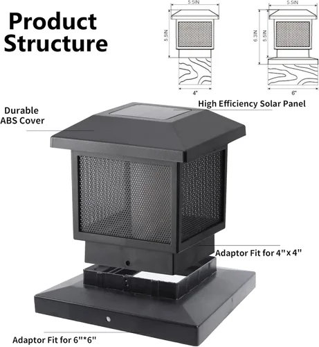 Vista 4 de Glintoper Paquete de 4 luces solares para postes de valla al aire libre, luces solares con tapa de poste, iluminación LED SMD de alto brillo