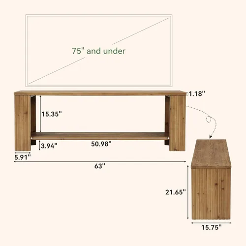 Vista 2 de Soporte de TV de madera maciza para televisores de 55/60/65/75 pulgadas, centro de entretenimiento de granja con estante de almacenamiento de 2