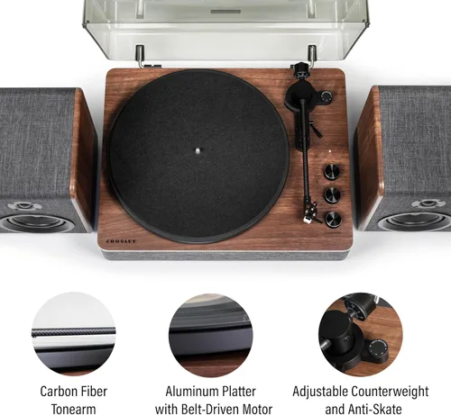 Vista 2 de Crosley CR7501A-CL Nocturne - Tocadiscos Bluetooth de 2 velocidades con altavoces estéreo a juego, color carbón