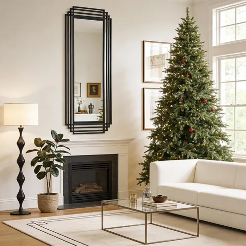 Vista 17 de Espejo rectangular de tocador, espejo geométrico Art Deco de 24 x 18 pulgadas con marco de metal, modernos y elegantes espejos de pared para sala