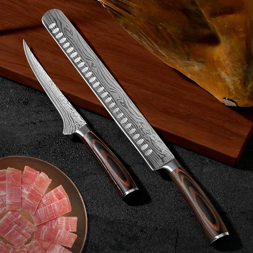 Vista 5 de Sunnecko Juego de cuchillos profesionales para tallar barbacoa, cuchillo para cortar y deshuesar para cortar carne, cuchillo alemán de acero