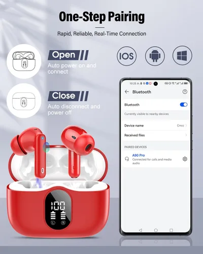 Vista 5 de Auriculares inalámbricos, Bluetooth 5.4, estéreo de bajos, auriculares con micrófono con cancelación de ruido, pantalla LED en el oído, llamadas Rojo