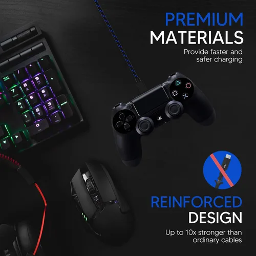 Vista 4 de TALK WORKS PS4 Controller Charging Cable for Playstation 4 - Long 10 Heavy Duty Braided Micro USB Cord Charger Cord for Sony - Black Pack of 2