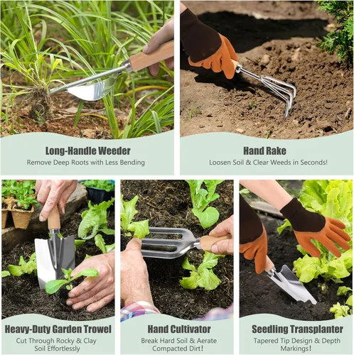 Vista 6 de Juego de 10 herramientas de jardinería, herramientas de mano para jardín de acero inoxidable resistente con bolsa de transporte floral, herramientas