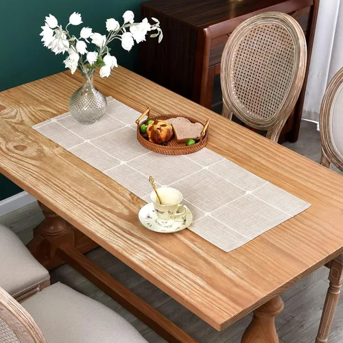 Vista 11 de Camino de mesa de tela bordada, rústico, a cuadros, camino de mesa rectangular a cuadros para comedor, tocador, café, fiesta, decoración de mesa