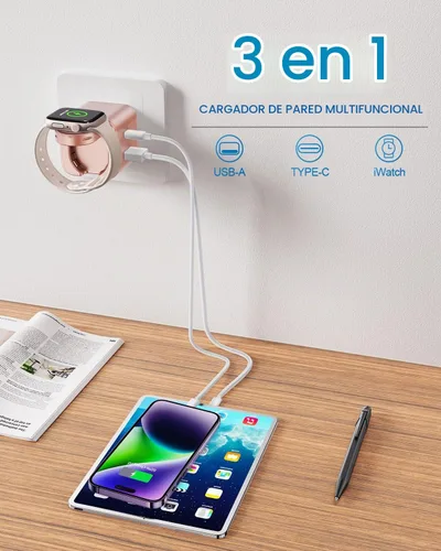 Vista 4 de BeaSaf Bloque de carga de 36 W para Apple con cargador de reloj integrado, bloque de cargador rápido PD plegable para iPhone, cargador de pared
