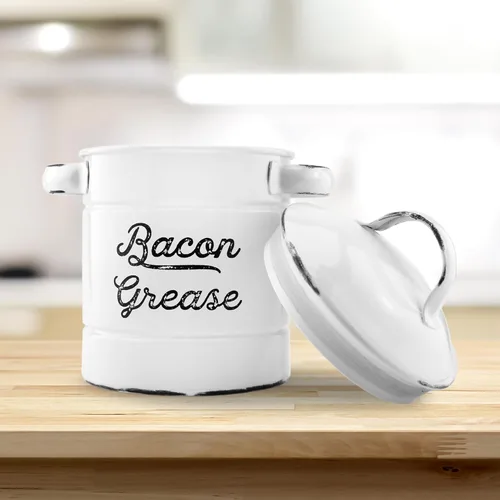 Vista 2 de AuldHome - Recipiente de grasa con colador, estilo casa de campo, contenedor esmaltado color blanco para grasa de tocino, apto para dietas keto