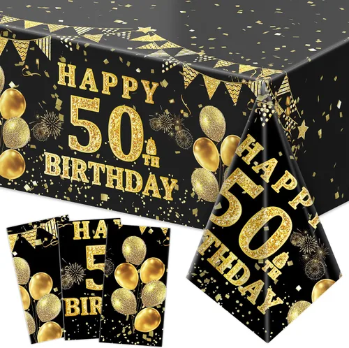 Vista 17 de Labeol Paquete de 3 manteles para cumpleaños número 18, decoraciones de cumpleaños número 18 negras y doradas, manteles rectangulares desechables