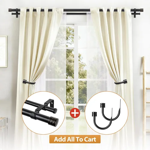 Vista 8 de TONIAL1 Barras de cortina dobles de 1 pulgada para ventanas de 48 a 84 pulgadas, barra de cortina decorativa resistente de 32 a 86 pulgadas con Negro