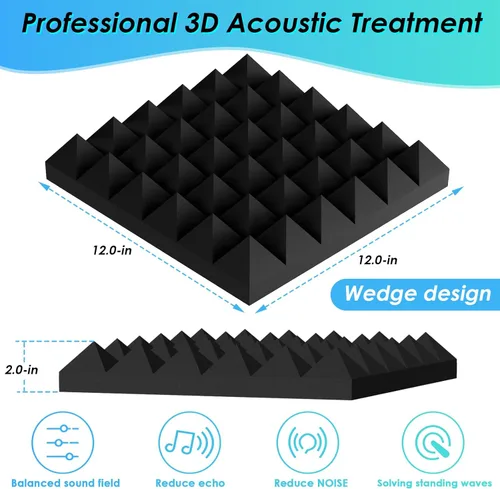 Vista 5 de Paquete de 36 paneles de espuma autoadhesivos a prueba de sonido, paneles acústicos de 2 x 12 x 12 pulgadas de alta densidad, espuma acústica