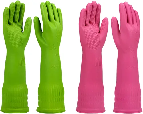 Vista 8 de Guantes para lavar platos 2 pares para cocina, guantes de limpieza de goma, guantes largos para lavar platos reutilizables.