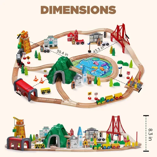 Vista 8 de SainSmart Jr. Juego de tren de madera de 112 piezas para niños pequeños – Pistas de tren de doble cara, compatibles con Brio, Thomas, Melissa & Doug