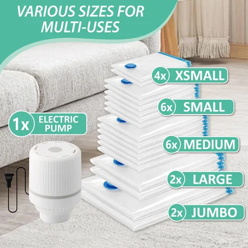 Vista 4 de Cozy Essential Paquete de 20 bolsas de almacenamiento al vacío con bomba eléctrica, bolsas de sellado al vacío para ropa, almohadas, edredones