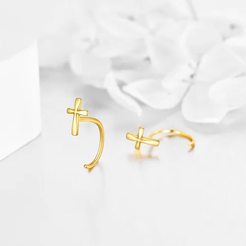 Vista 3 de Aretes de aro de medio aro de 14 quilates de oro macizo, aretes de aro Huggie para mujeres y niñas