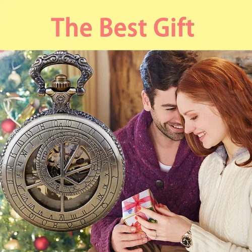 Vista 8 de Bronze Men's Antique Mechanical Pocket Watch, Skeleton Mechanical Roman Numerals Pocket Watch with Chain + Box