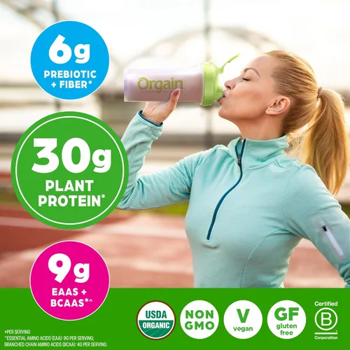 Vista 5 de Orgain - Polvo de proteína vegano orgánico de 30g, chocolate con 9g de EAA + BCAA, proteína vegetal, 6g de prebiótico + fibra, 1g de azúcar
