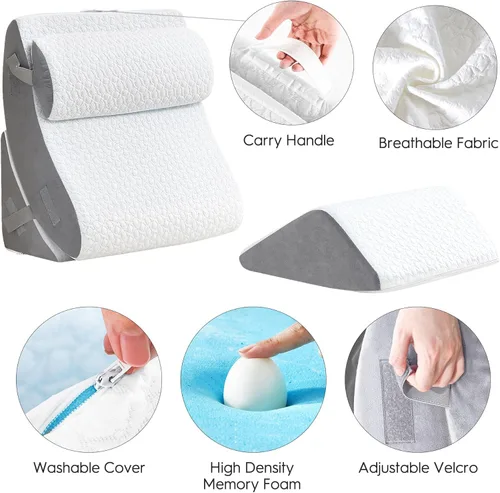 Vista 3 de BedLuxury Juego de 4 almohadas ortopédicas de cuña para cama con espuma viscoelástica para dolor de espalda, poscirugía, almohada de espuma