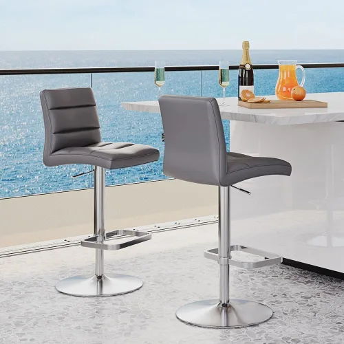 Vista 8 de Zuri Muebles Taburete de bar moderno de altura ajustable gris exuberante con base plana redonda cepillada