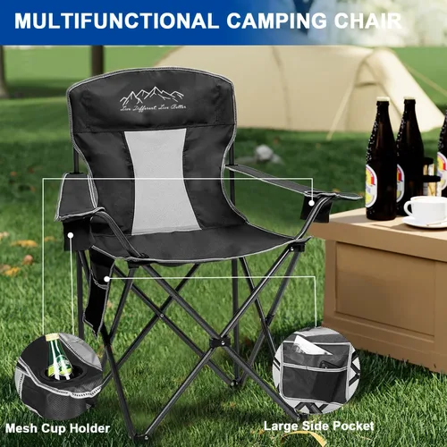 Vista 5 de Sillas de camping plegables y colapsables de alta resistencia, silla plegable de césped con bolsa para lonchera, bolsillo de almacenamiento, bolsa