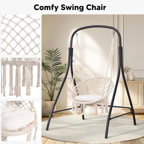 Vista 4 de SUNCREAT Silla Hamaca Colgante de Interior con Soporte, Silla Colgante de Exterior con Soporte, Capacidad de 400 libras, Beige