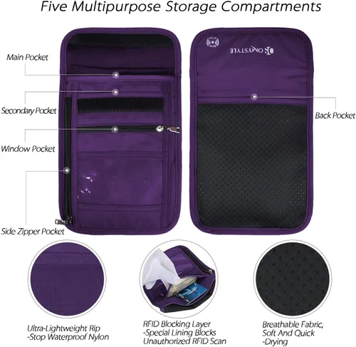 Vista 4 de Soporte para pasaporte con bloqueo RFID, bolsa de viaje para el cuello para mujeres y hombres para mantener efectivo y documentos seguros, Morado
