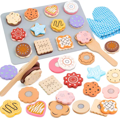 Juego de madera para hornear galletas – 28 piezas de comida de juego de simulación con corte y rebanada, juguetes de aprendizaje para niños a partir
