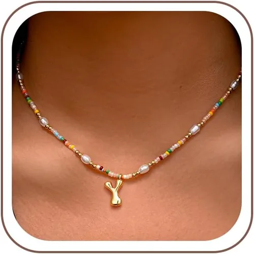 Vista 22 de Ritach - Regalos de Navidad para nietas, adolescentes y niñas, collar con inicial de perlas de colores claros, collar con dije de burbuja dorada