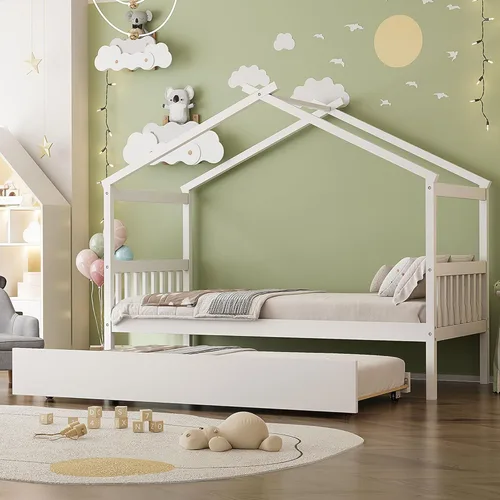 Vista 199 de Merax Cama de madera de tamaño individual con dos cajones, marco de cama de madera con techo para niños, adolescentes, niños o niñas, gris