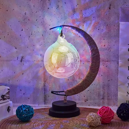 Luz nocturna en forma de luna, bola de vidrio, luna de hierro, decoración artística, luz nocturna, lámpara de escritorio con lámpara LED de alambre
