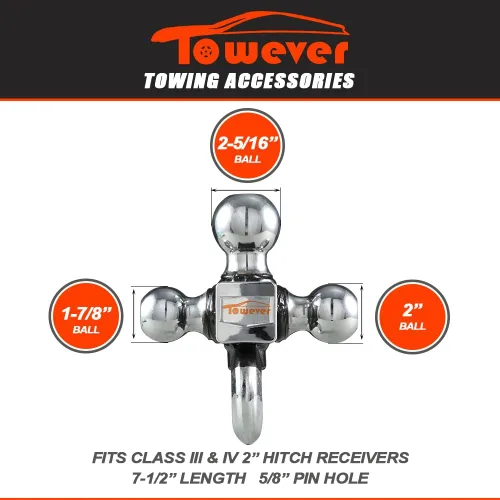 Vista 2 de 84180P Towever Enganche de remolque de 2 pulgadas, soportes de bola de remolque de tres bolas con gancho y pasador, se adapta a receptor de enganche