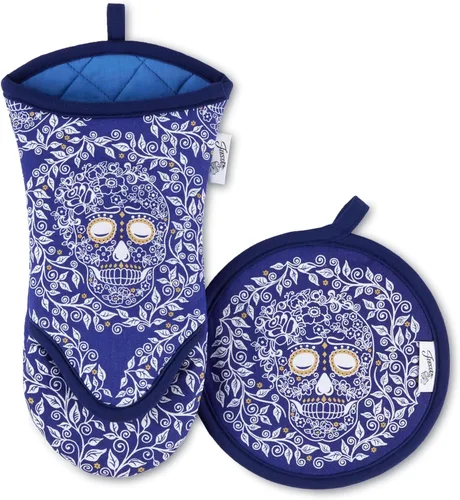 Vista 8 de Fiesta Skull & Vine - Juego de manoplas de horno y soporte para ollas, multicolor de 6.5 x 13 pulgadas; 8 x 8 pulgadas