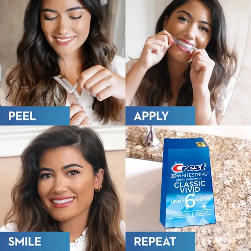 Vista 5 de Crest 3D Whitestrips, Classic Vivid, kit de tiras blanqueadoras de dientes, 20 tiras (paquete de 10 unidades) (paquete de 2)