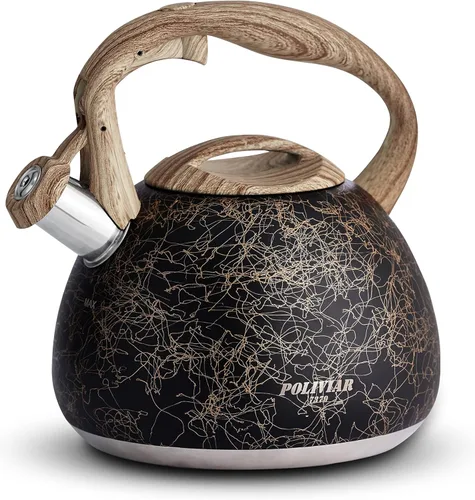 Vista 17 de POLIVIAR Hervidor de té, 2.7 cuartos de galón con acabado azul y mango de madera con silbato fuerte, tetera de acero inoxidable de grado