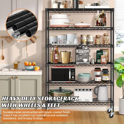 Vista 7 de Estantes de almacenamiento de 6 niveles, estantería de alambre de metal, altura ajustable, NSF resistente para garaje con ruedas, 48 x 18 x 82