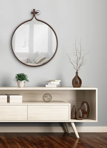 Vista 2 de Kate and Laurel Yitro - Espejo redondo de metal para pared, 23.5 x 28.5, bronce, decoración de pared de granja para cualquier habitación