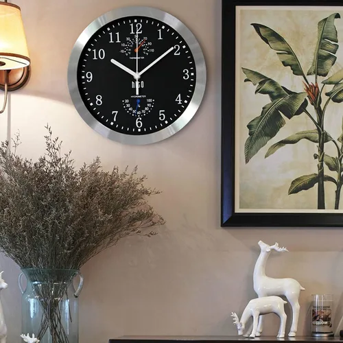 Vista 6 de HITO Reloj de pared silencioso de 10 pulgadas, funciona con pilas, sin tictac, cubierta de vidrio, marco de aluminio plateado, para decoración
