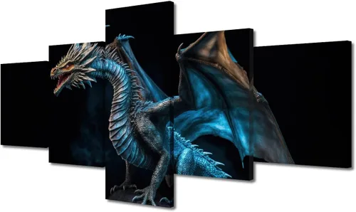 Vista 28 de Lienzo decorativo para pared de sala de estar, lienzo de dragón, 5 paneles, dragón verde, decoración de pared para el hogar, decoración de pared