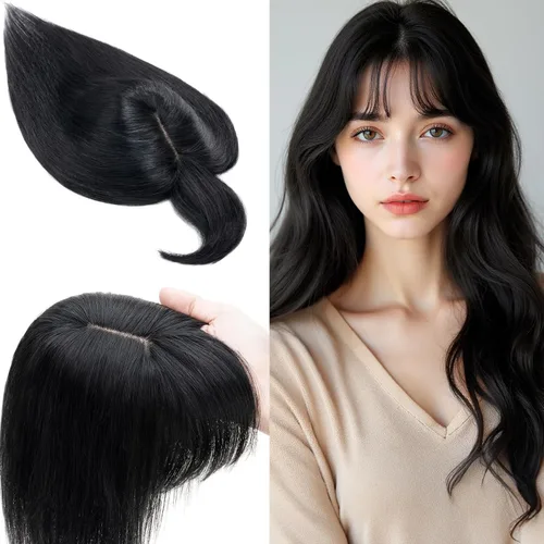 Vista 10 de SEGO Toppers de cabello humano 100% real, con flequillo de aire, base de seda 150% de densidad, topper con clip, 2.7 x 5.1 pulgadas, piezas