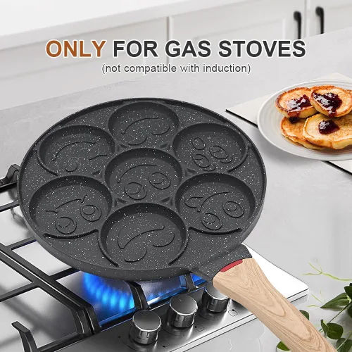 Vista 3 de Sartén antiadherente para panqueques, sartén para panqueques con cara sonriente, 7 agujeros para niños, 10.4 pulgadas, solo gas, color negro