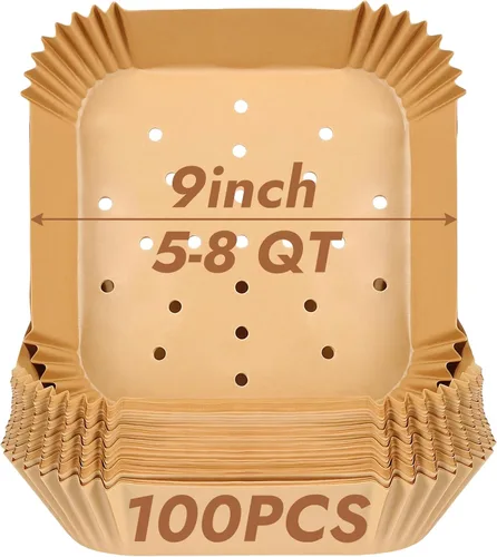 Vista 11 de BYKITCHEN Forros cuadrados para freidora de aire de 2 a 5 Qt, juego de 100, papel de pergamino perforado pequeño de 8 pulgadas para mini freidora